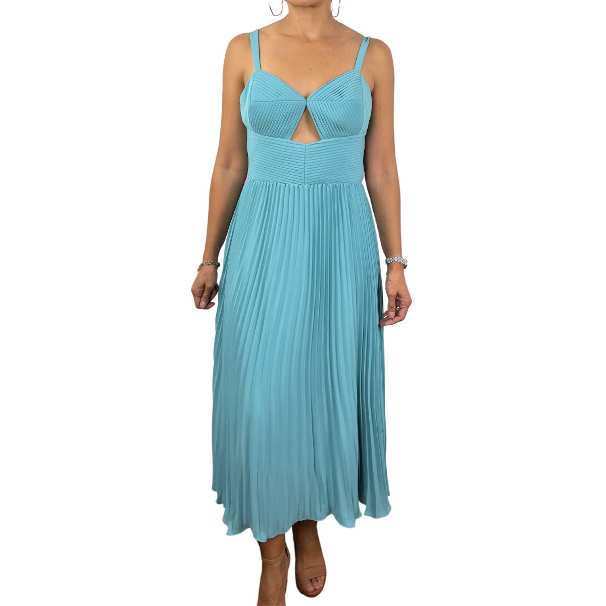 BCBGMAXAZRIA - VESTIDO MIDI PLISADO TURQUESA